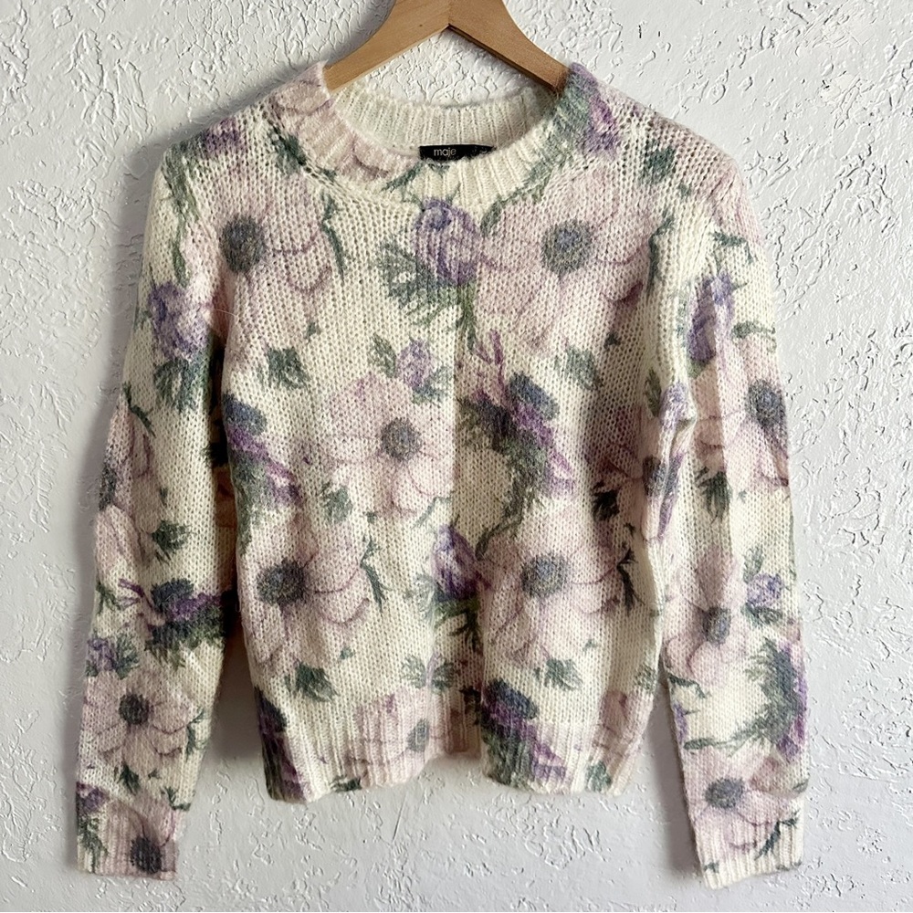 Maje Floral Knit Sweater - Cream and Purple